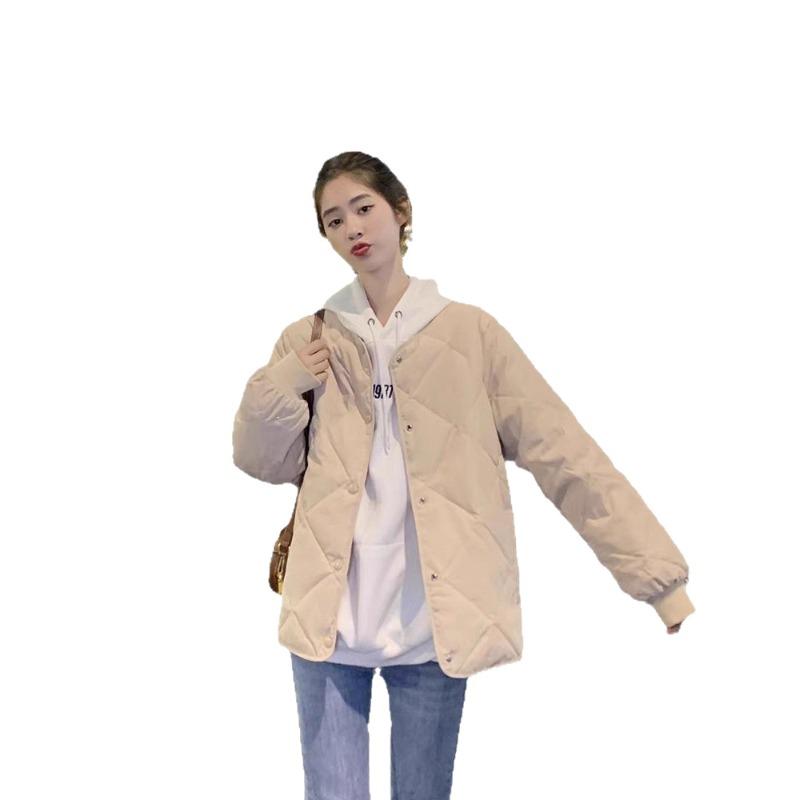 Rhombus Collarless Down Jacket Women's Light and Short New Small Loose Round Neck White Duck Down Liner Jacket