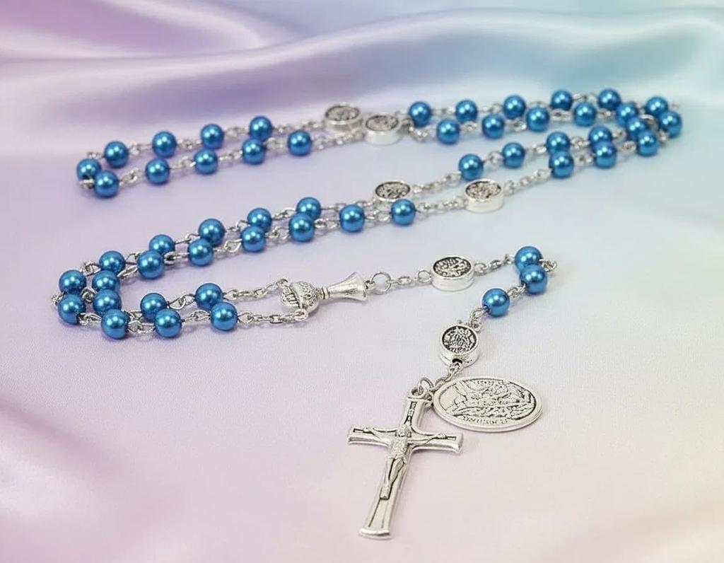 Nazareth Store 8mm Pearl Bead Rosary Necklace with Saint Michael Medal & Grail Centerpiece, Holy Communion Rosary, 8mm, Glass Pearl, No Gemstones