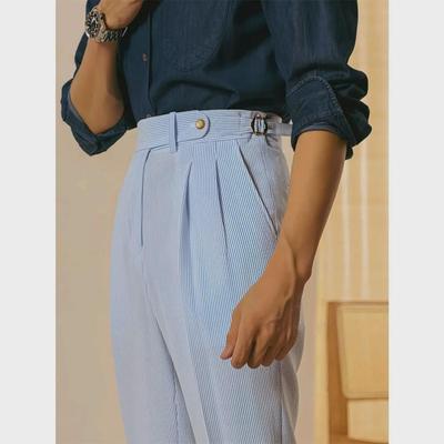 Men's High Waist Striped Suit Trousers - Casual, Summer Business Style with Paris Buckle