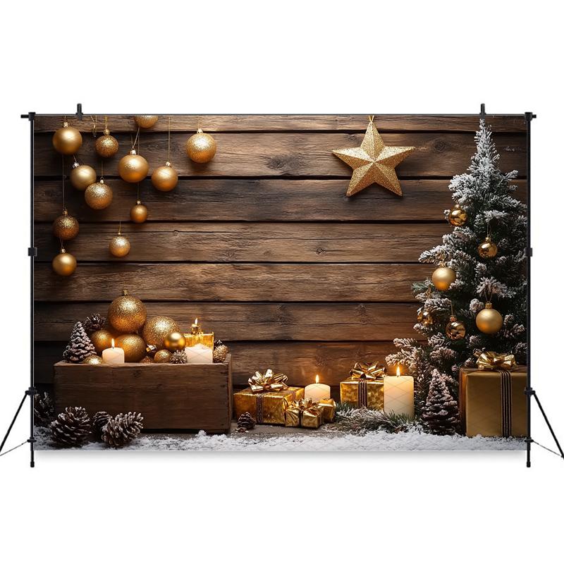 Christmas Tree Backdrop Photography Baby Shooting Props Golden Ball Star Gifts Candle Wood Wall Background Decorations Photozone