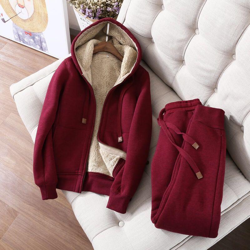 Plus Size Women's Fleece Lined Hooded Jacket & Sportswear Set - Autumn/Winter Korean Style