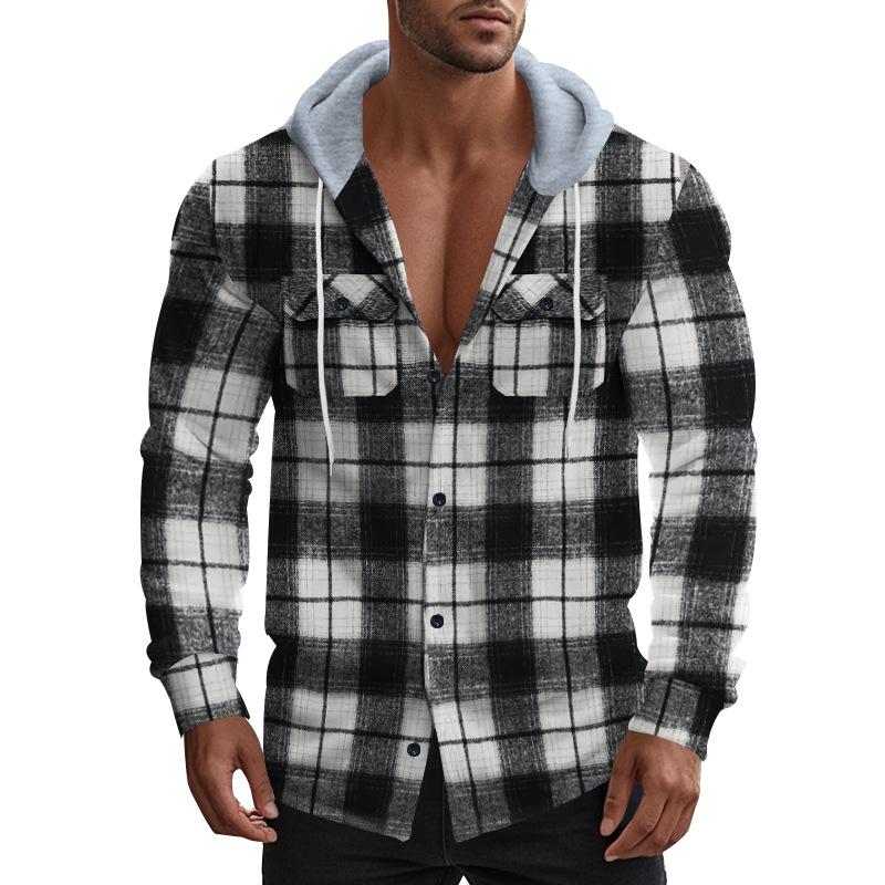 American Retro Plaid Shirt Men'S Autumn And Winter Hooded Flannel Jacquard Shirt Casual Jacket Men