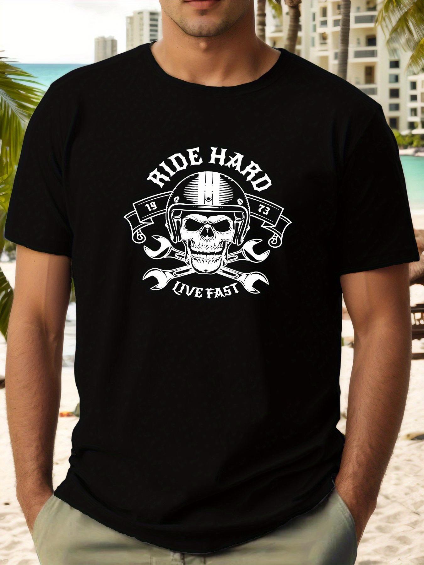 Skull Biker Graphic T-shirt - Navy Blue L