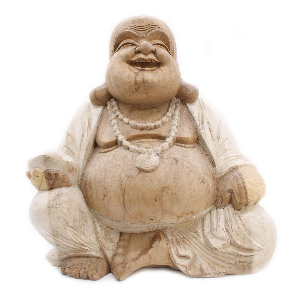 Buddha Statue Happy Whitewash Suar Wood 50cm