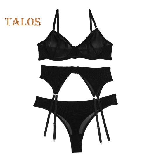 3 Pcs/Set Bra Thong Set with Garter Adjustable Straps See-through Mesh Thin Elastic High Waist Panties Wedding Night Honeymoon Valentines Day