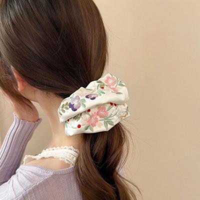 Floral Scrunchies Satin Scrunchies Embroidery Flower Scrunchies Aesthetic Elastic Hair Band No Damage Hair Ties Blossom Ponytail Holders for Women