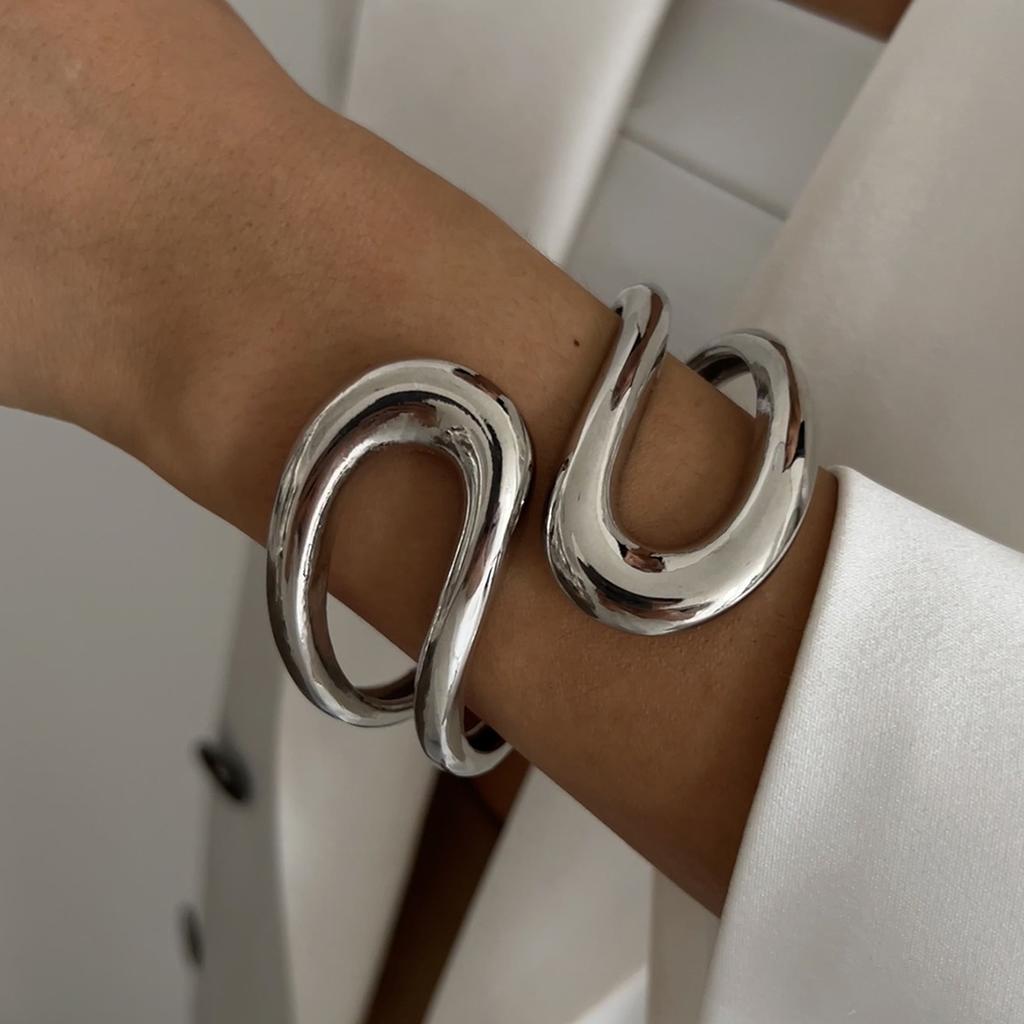 Salircon Trendy Semplici Geometriche Lisce Larghe Bracciali a Molla per Donne Doppio Strato Curvo Bracciale in Metallo Gioielli da Festa per Signore