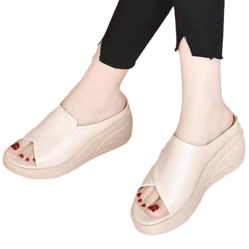 Wedge heel slippers wear 22 summer new soft leather thick-soled fish mouth sandals casual muffin shoes