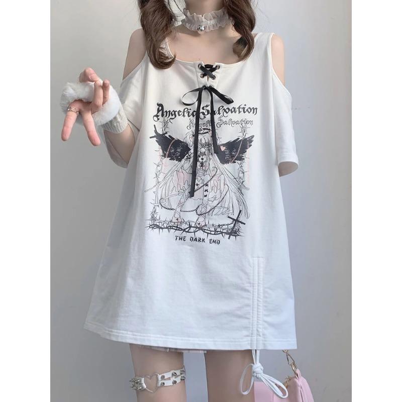 T-shirt Bianche da Donna con Spalle Scoperte, Senza Spalline, Girocollo, Stampa Lettere, Allacciatura, Maniche Corte, Larghe, Casual, Lunghe, Y2k