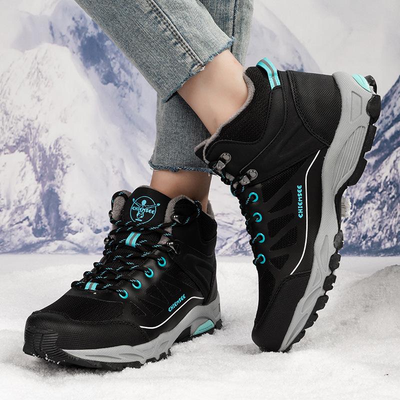 Damen Winterstiefeletten, Schneestiefel aus Samt, lässig, PU, zum Schnüren, warme Baumwollschuhe, groß, hoch, dick, rutschfest, Wanderschuh, Größe 37–42