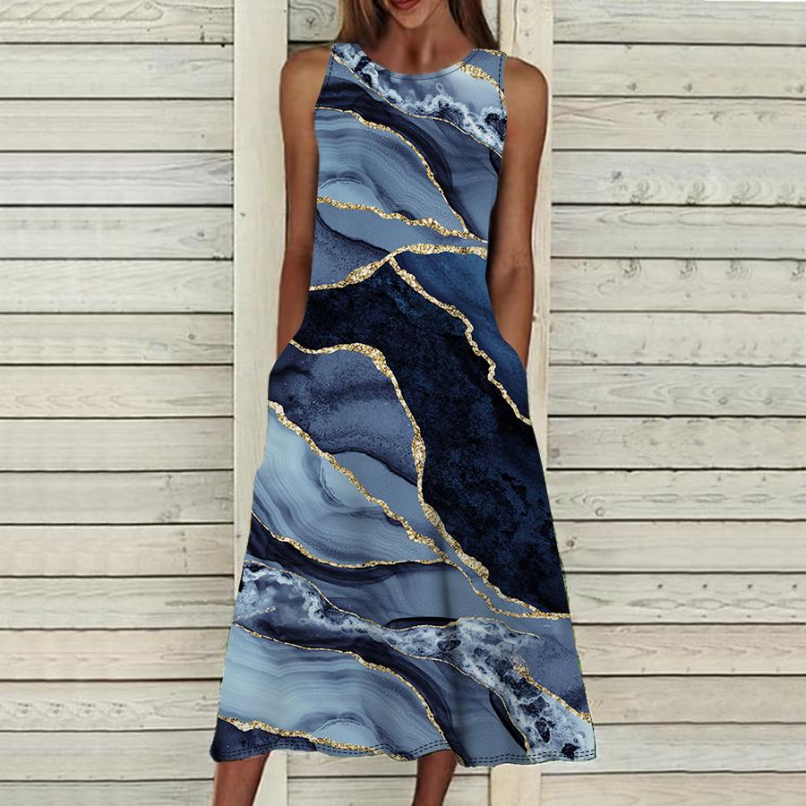 Abito senza maniche sexy alla moda estiva, morbido e casual, con stampa marmorizzata 3D, abito senza maniche con bretelle estive