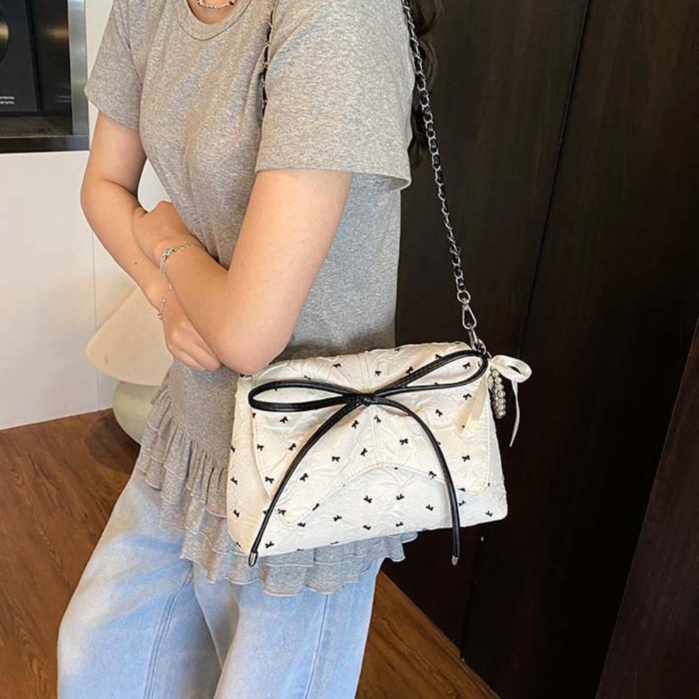 

Contrast Color French Chain Bag Sweet Women Crossbody Bag Portable Bow PU Shoulder Pouch Work White Without Pendant