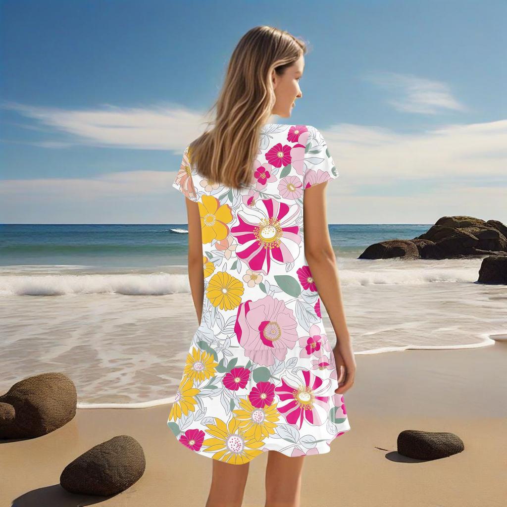 Damenkleider Kurzarm V-Ausschnitt Blumendruck Locker Lässig Temperament Strandkleider