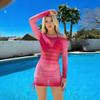 European And American Swimwear Printed Mesh Long-Sleeved Beach Skirt Three-Piece Swimsuit Women'S One-Word Shoulder Bikini
