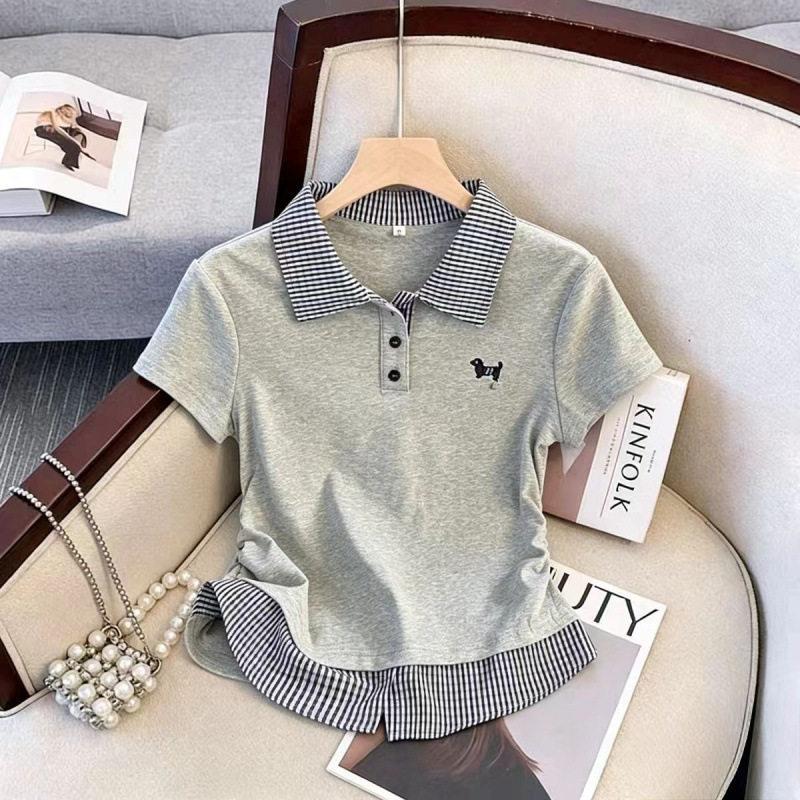 Girls Fake Two Piece Polo Shirt Medium Large Kids Collar Short Sleeve T Shirt Casual Top