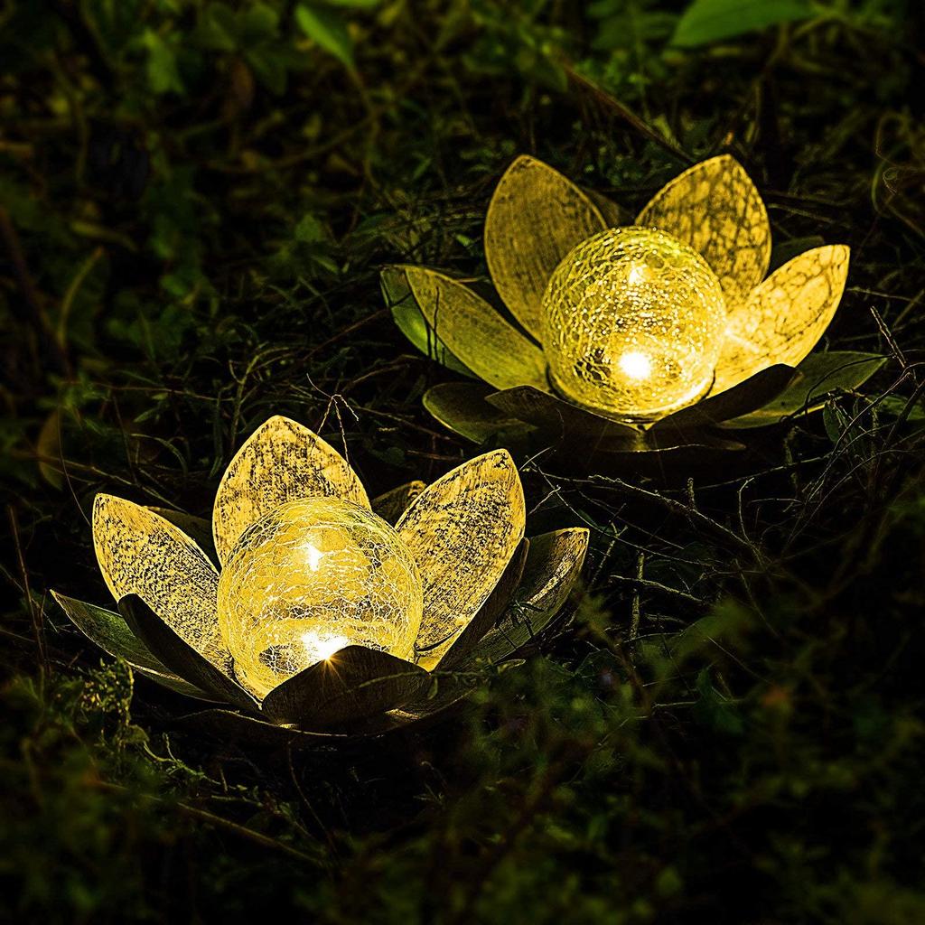 Solarleuchten im Freien für den Garten, Crackle-Globus-Glas-Lotus-Dekoration, wasserdichte LED-Blumenlichter aus Metall