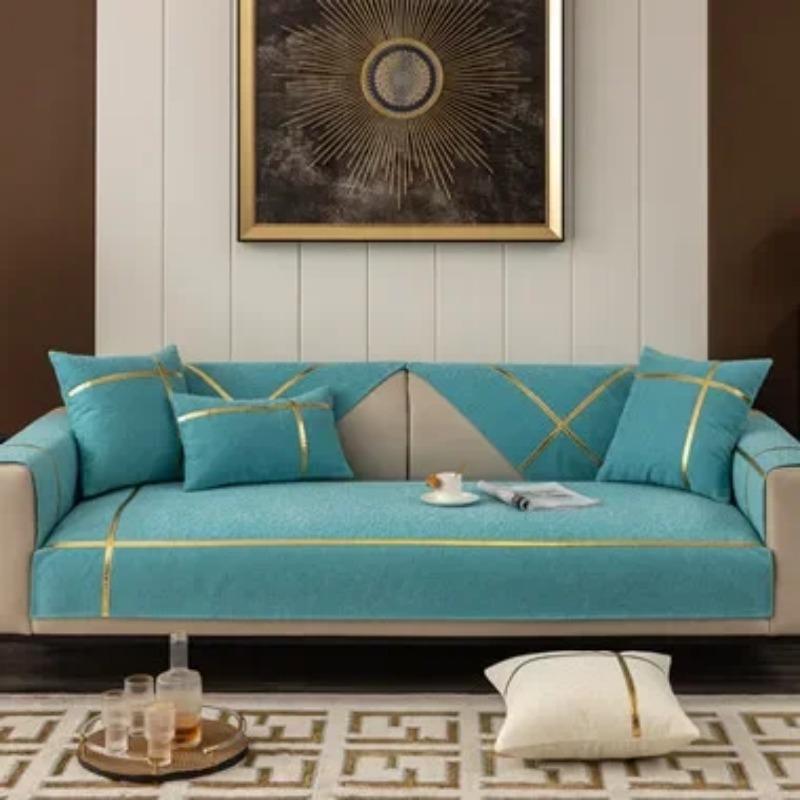 Modern Embossed Sofa Slipcover 4 Seater Gold Straps Corner Couch Covers Single Chair Furniture Protector Sofa Cushions Non-slip