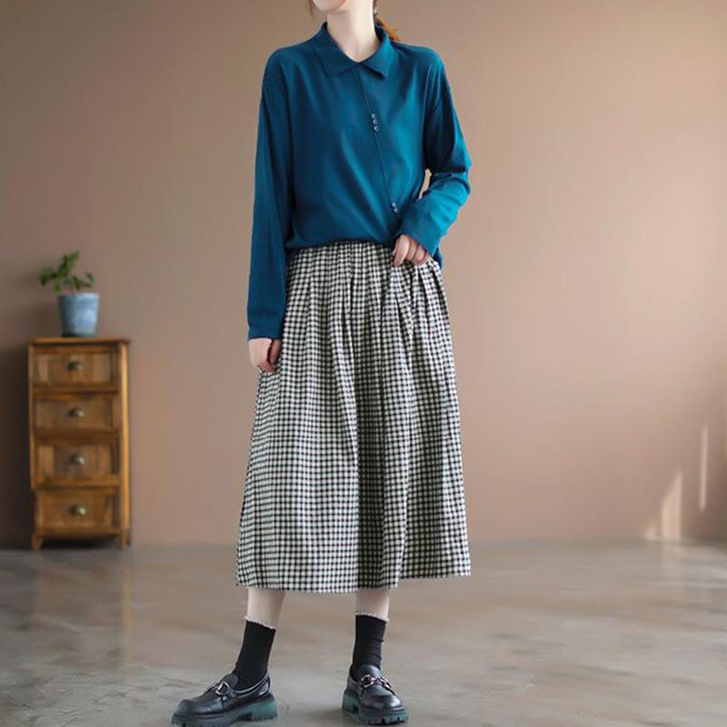 Half Skirt Women Summer Cotton Casual Versatile Elastic Skirt Loose Comfortable Plaid Skirt