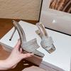 Fashion Bling Bling Luxury Crystal Square Toe Women Slippers Sandals Fashion Narrow Band Stiletto High Heels Mules Slides Modern Shoes