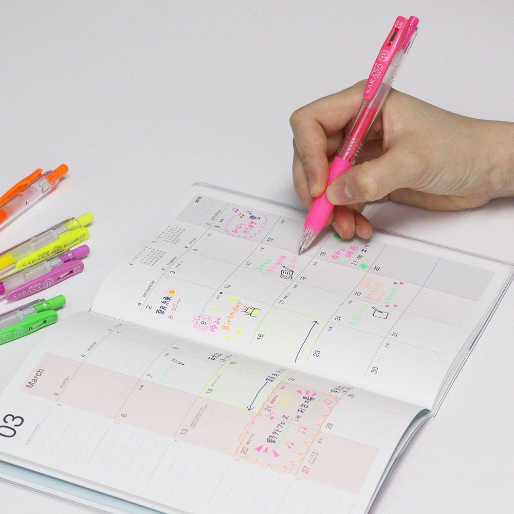 Zebra Sarasa Clip Gel Ballpoint 5 Pen, 0.5, Neon, Colors, JJ15-5C-NO