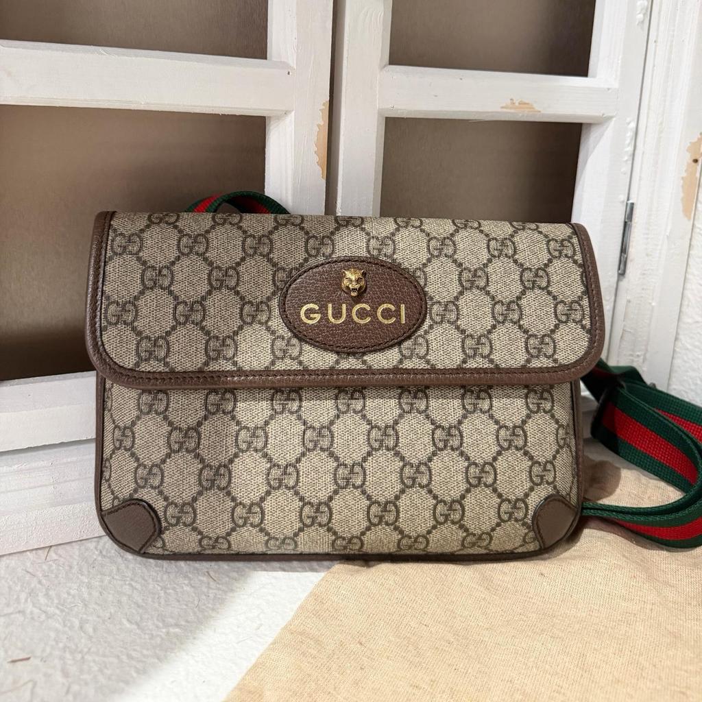 [Pre-Owned] Neo Vintage Series Gold Foil Logo Monogram Tiger Head Decorative Striped Shoulder Strap Canvas And Leather Messenger - Excellent #1MKSD9Y