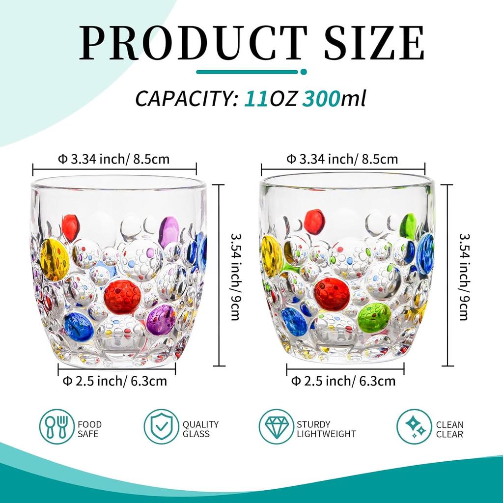 Colorful Bubbly Drinking Glasses Set of 2, 11 Oz (330 Ml), Stemless Champagne Glasses, Cocktail Glasses, Stemless Wine Glasses, Iced Tea Mugs, Heavy