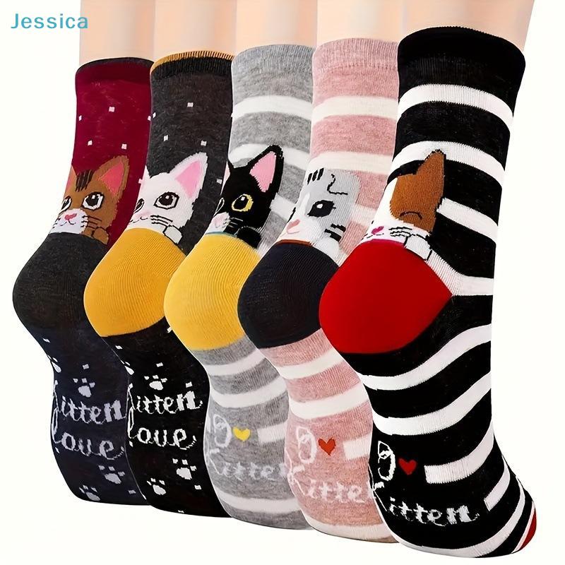 5 Pairs Women's Cute Cat Mid-Calf Socks Soft Cotton Novelty Patterned Socks For Daily Wear,Perfect Gifts for Cat Lovers