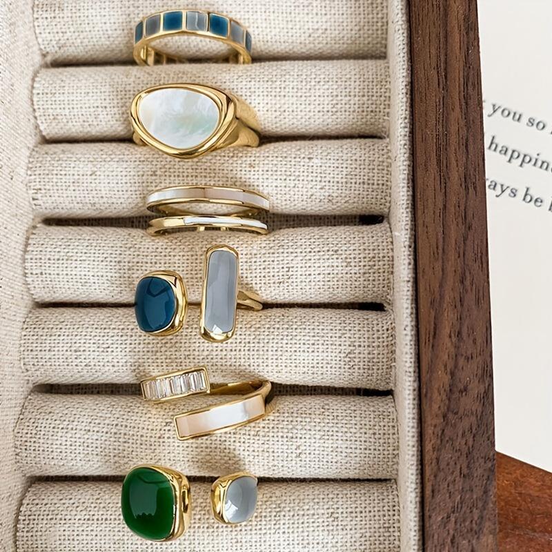 Vintage Boho Style Rings Set – 6 Pieces Colorful Geometric Adjustable Open Rings with Zirconia Inlay, Zinc Alloy Fashion Rings for Women – Perfect for