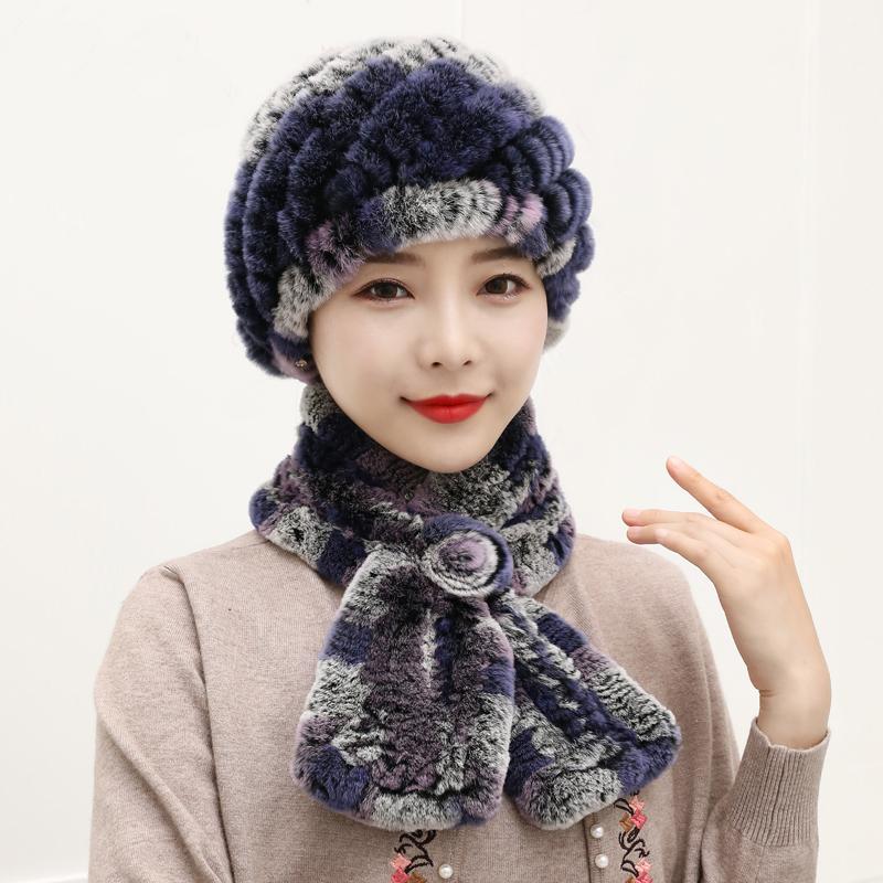 Winter Knitted 100% Natural Fur Hats Scarves Sets Women Warm Real Rex Rabbit Fur Hat Scarf Lady Fashion Thick Rex Rabbit Fur Hat