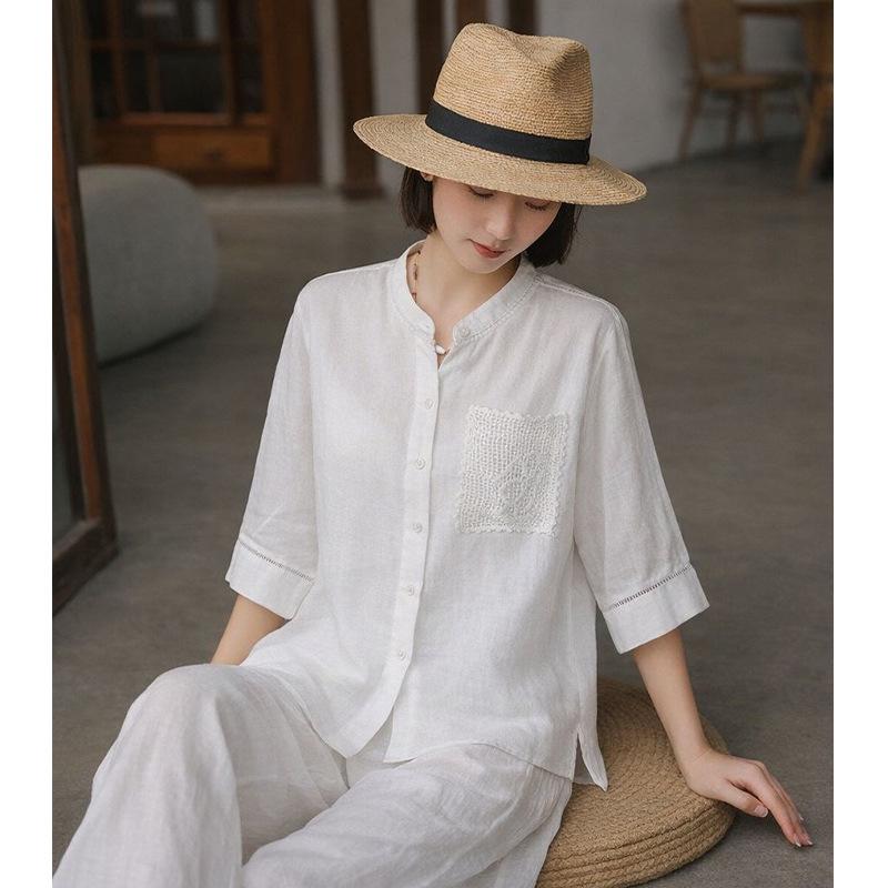 E* Order Women's White Linen Stand Collar 3/4 Sleeve Shirt - 2026 Early Spring French Style