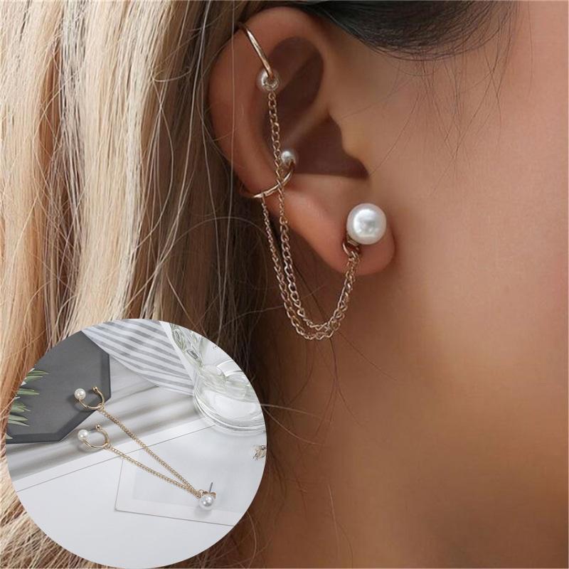 

Серьга с двумя круглыми клипсами на длинной цепочке с искусственным жемчугом