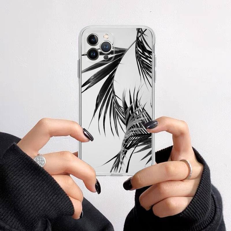 Black white palm leaves palm trees Phone Case For iPhone 14 13 12 11 Pro Max XS X XR SE 2020 6 7 8 Plus Mini Transparent Shell