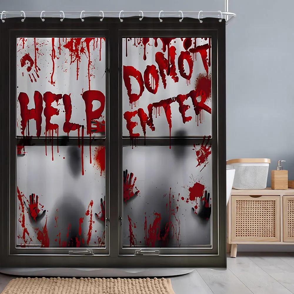 Strašidelné krvavé otisky rukou Halloweenský sprchový závěs Strašidelný stín Krev Netopýr Vana Polyesterové sprchové závěsy Koupelnová dekorace s háčky