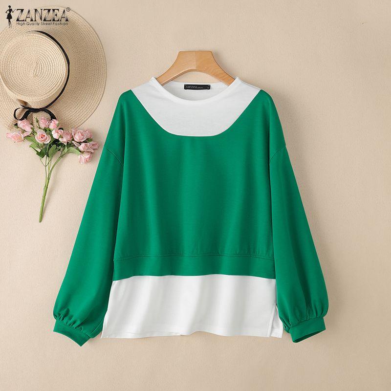 ZANZEA Women Casual Round Neck Long Sleeve Splice Pullover Blouse Autumn
