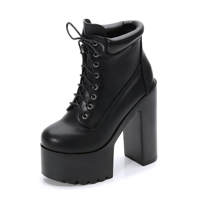

Super High Chunky Heel White Short Boots Lace Up Platform Shoes Punk Style 14cm High Boots Women s Botines Size34 Bottes Femmes 41 чорний