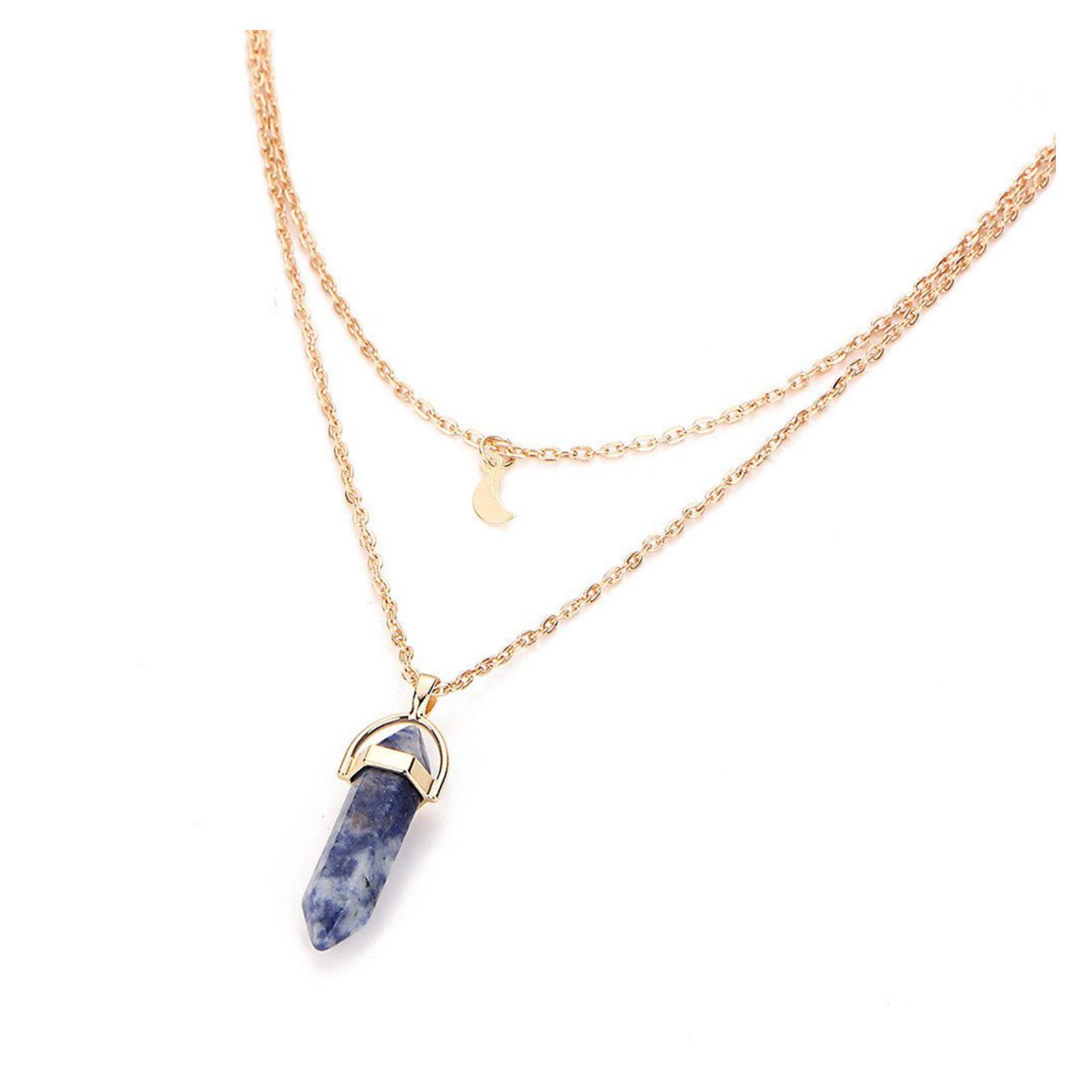 Womens Natural Stone Crystal Glass Hexagonal Column Pendant Irregular Necklace