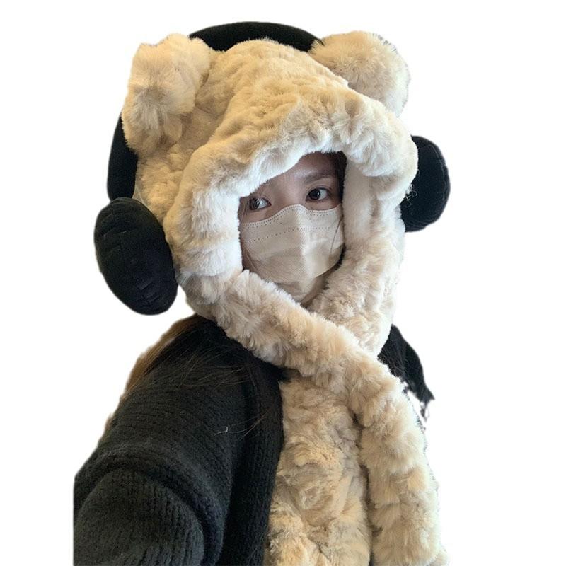 Thickened Cute Headphones Bear Hat Scarf Plush Ear Protection Lei Feng Hat Pullover Hat