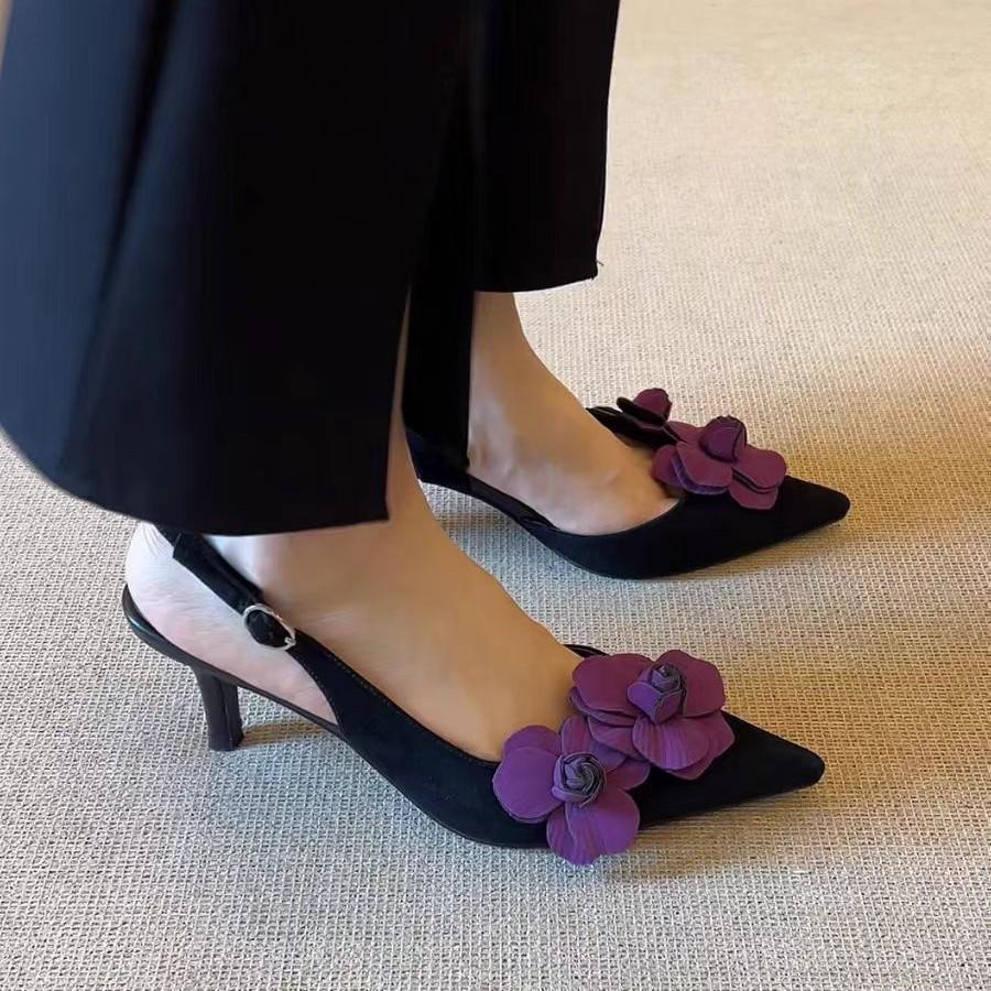 Baotou sandals Korean version pointed head shallow mouth thin heel empty sandals women's spring and summer new flower high heel Baotou women's sandals