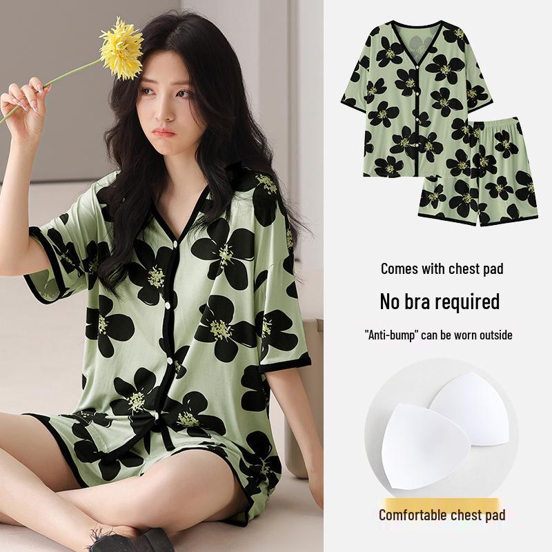Women's Summer Modal Pajamas: Short Sleeve, Thin Style, with Chest Pads, Round Neck – Sweet Student Homewear