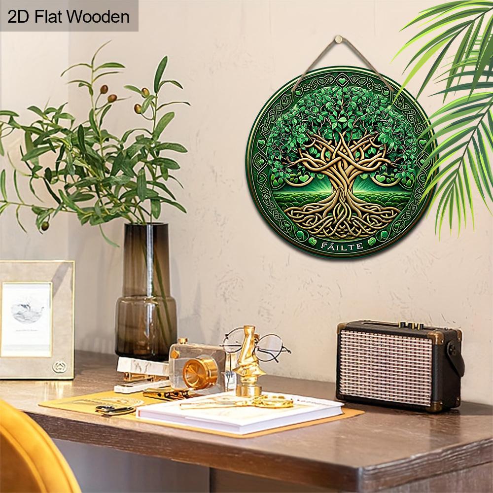 1pc Green Tree of Life Ornament Wooden 2D Flat Hanging, Xmas Decorations, Round-shaped Hanging Wall or Door Decor, Holiday Party Decor, Home Garden
