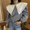 2026 Korean Chic Double-Layer Doll Collar Plaid Shirt with Puff Long Sleeves for Women.