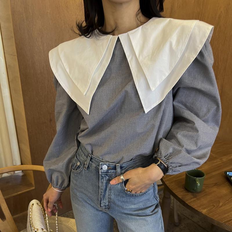 

2026 Korean Chic Double-Layer Doll Collar Plaid Shirt with Puff Long Sleeves for Women. One Size чёрный