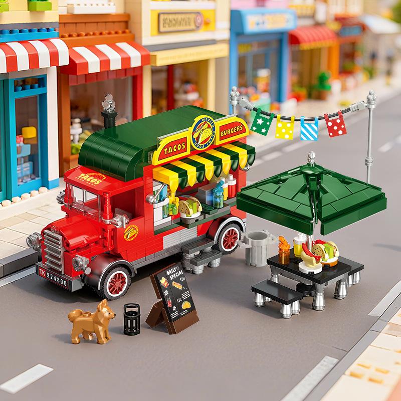 Miniature Pickup Taco Truck Diy Street Food Pizza Shop Educational Building Blocks Toy For Kids