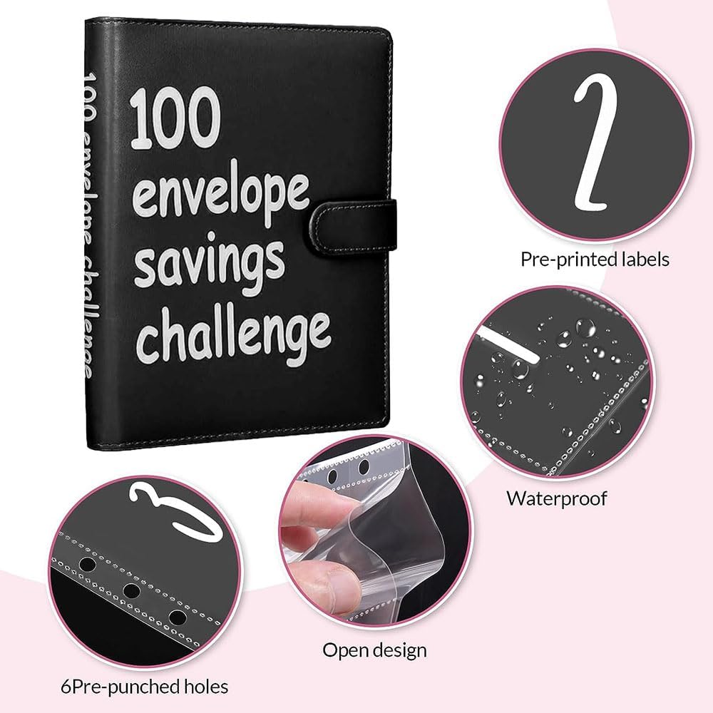 Money Saving Challenge 100 Envelopes Binder Set Save $5 050 with Fun Cash Budget System for Adults Black
