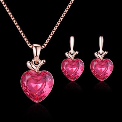 Heart Shape Rhinestone Pendant Necklace Ear Stud Earrings Women Jewelry Set
