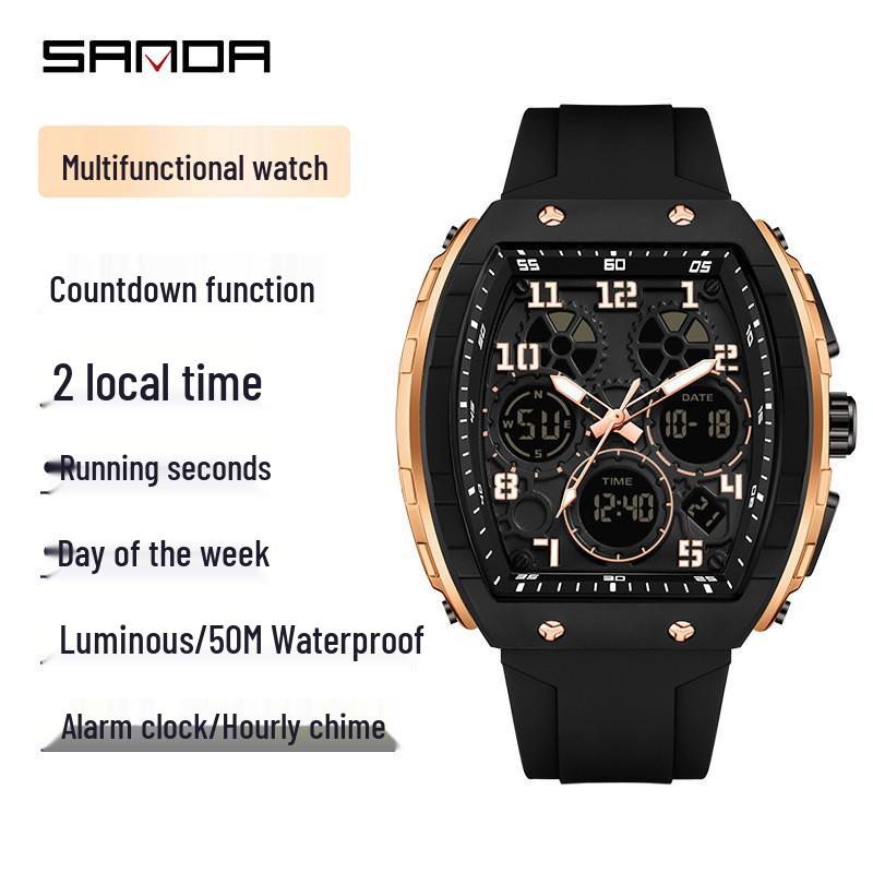 Sanda Dual-Movement Barrel Watch: Luminous Alarm, Large Dial, Multifunctional Student Watch.