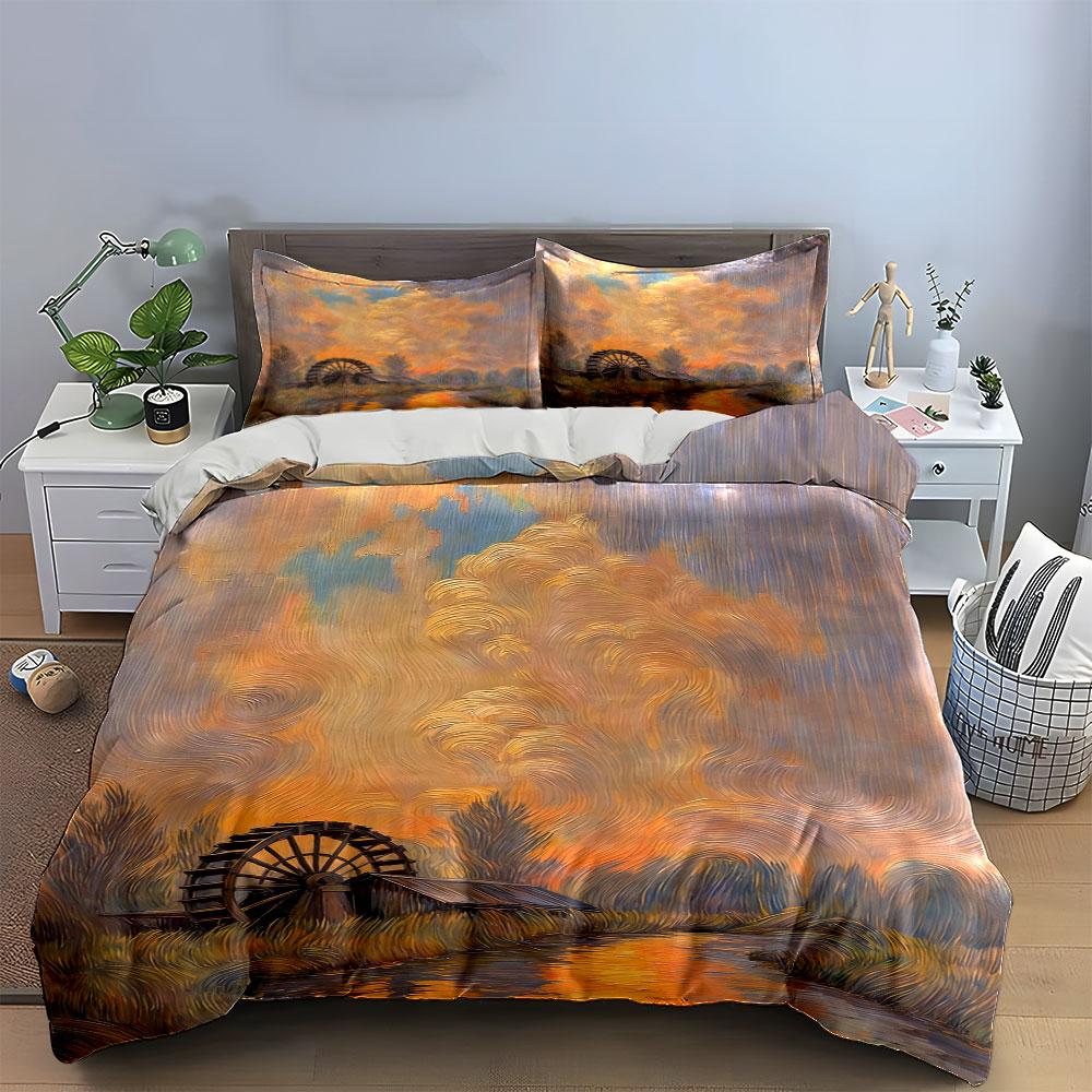 Sunset, Waterwheel, Trees, Sky. Bedding Sets Duvet Cover Sets Duvet Covers Pillowcases(1* Duvet Cover 2* Pillowcases Without Duvet Insert)