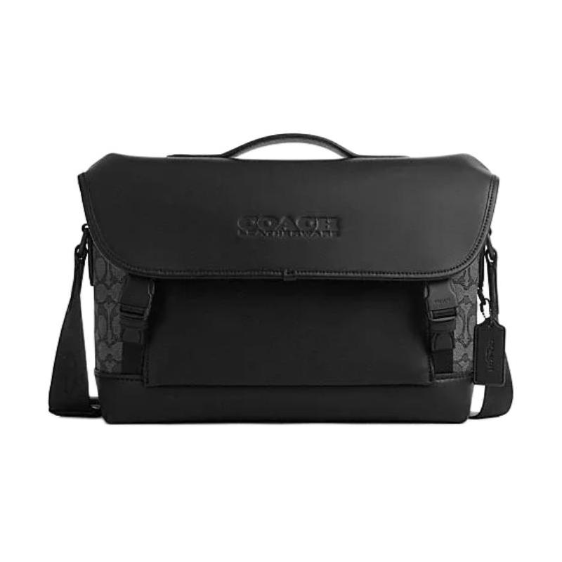 

COACH League 36 embossed logo classic old flower clip closure cow leather patchwork shoulder crossbody bag large men s black чорний