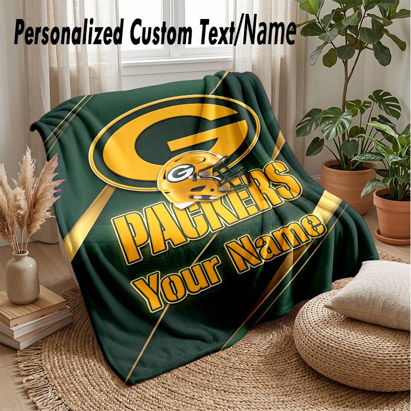 Green Bay Packers Custom Flannel Throw Blanket Print Your Name Text Soft Warm Blanket Holiday Present