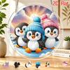 2D Flat Acrylic Sun Catcher, Sunset Wearing Knit Hat Three Penguins Theme Sun Catcher, Home Garden Decoration, Suitable for Christmas, Thanksgiving, A